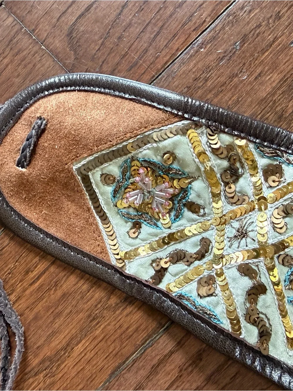 Vintage Abercrombie & Fitch Leather Embroidered Sequin Boho Belt Cream & Gold